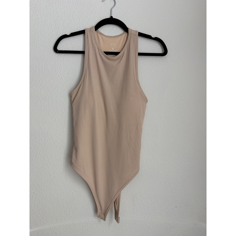 Klassy Network Ribbed‎ High Neck Racerback Bodysuit Tan Beige Womens Size Small